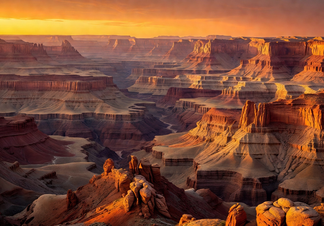 Dramatic canyon vista with layered rock formations under a warm amber sky at dusk