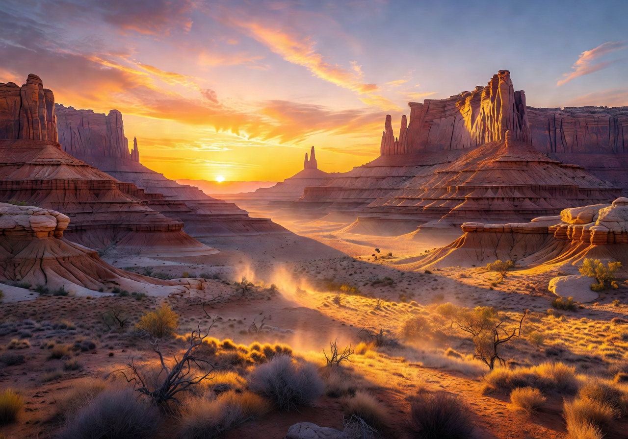 Golden sunset illuminating desert mesa formations in the wild west frontier landscape
