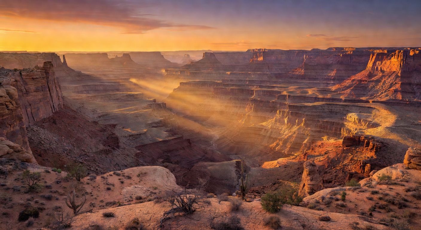 Sunset over vast desert canyon with golden light rays streaming across the wild frontier landscape